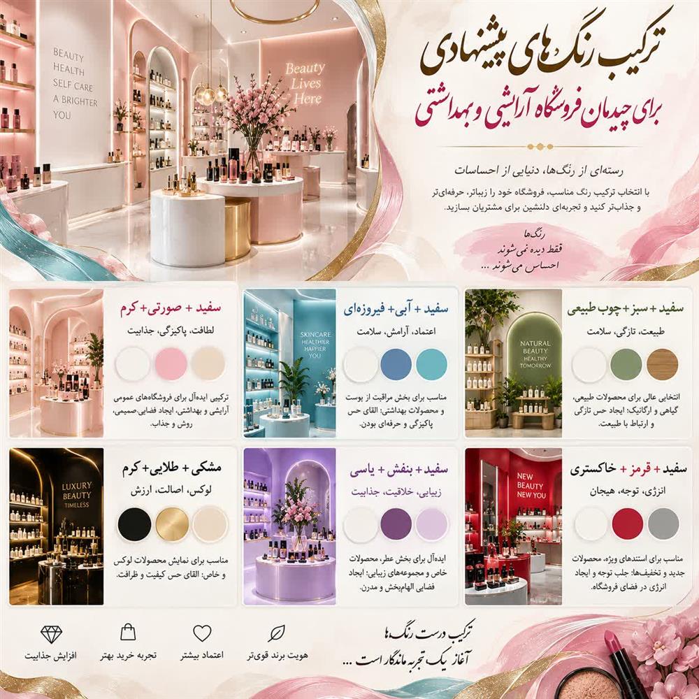 روان‌شناسی رنگ‌ها در چیدمان فروشگاه محصولات آرایشی و بهداشتی؛ چگونه رنگ بر تجربه خرید تأثیر می‌گذارد؟